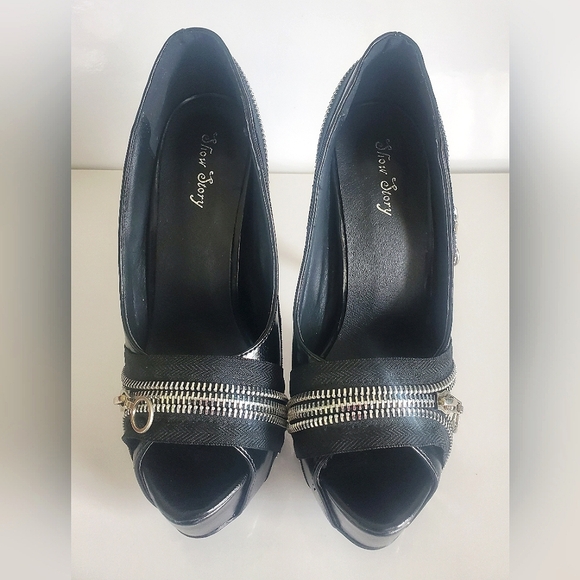 Show Story Punk Zip Peeptoe Platform 5.5" Heels Pumps Stilletto Black Sexy New - Picture 5 of 15